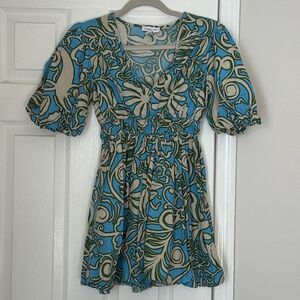 Sincerely Jules Mini Dress Puff Sleeve Short Green and Blue Floral Boho Size S